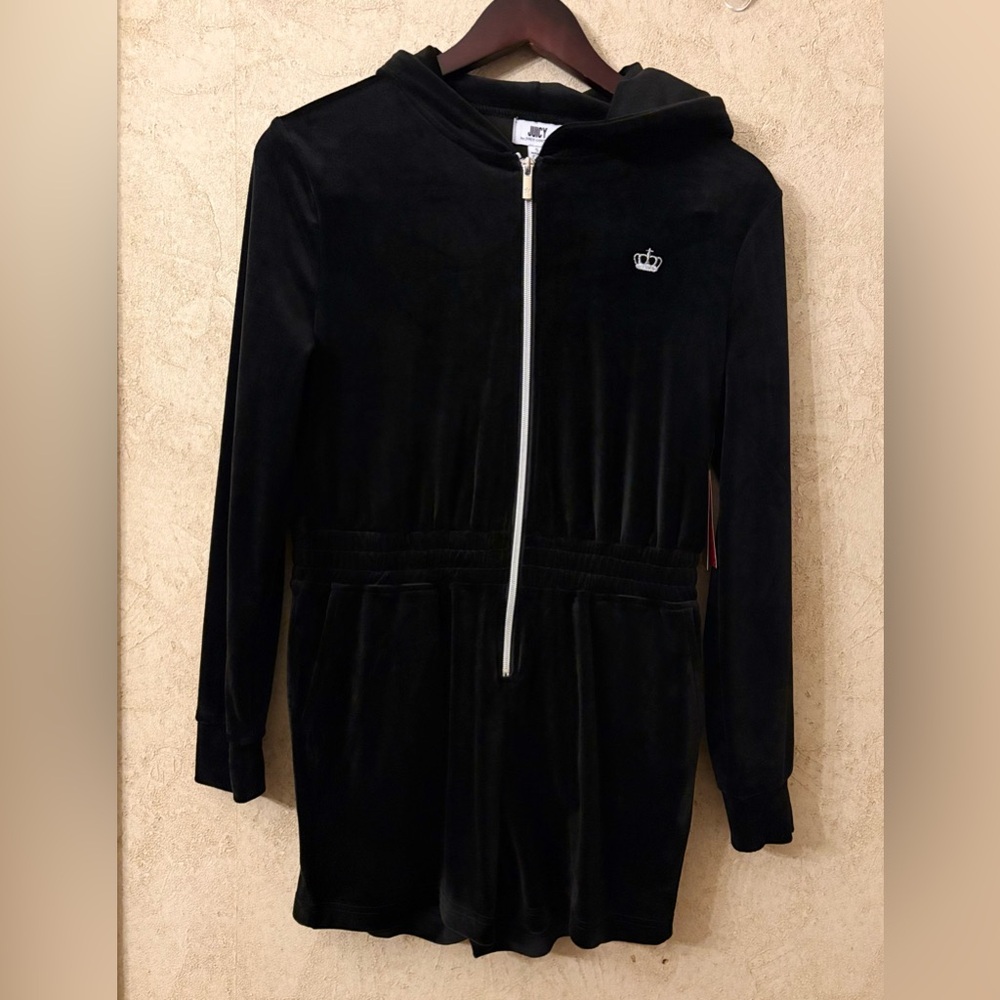 Juicy Couture Black Velour Hooded Romper - Picture 2 of 7